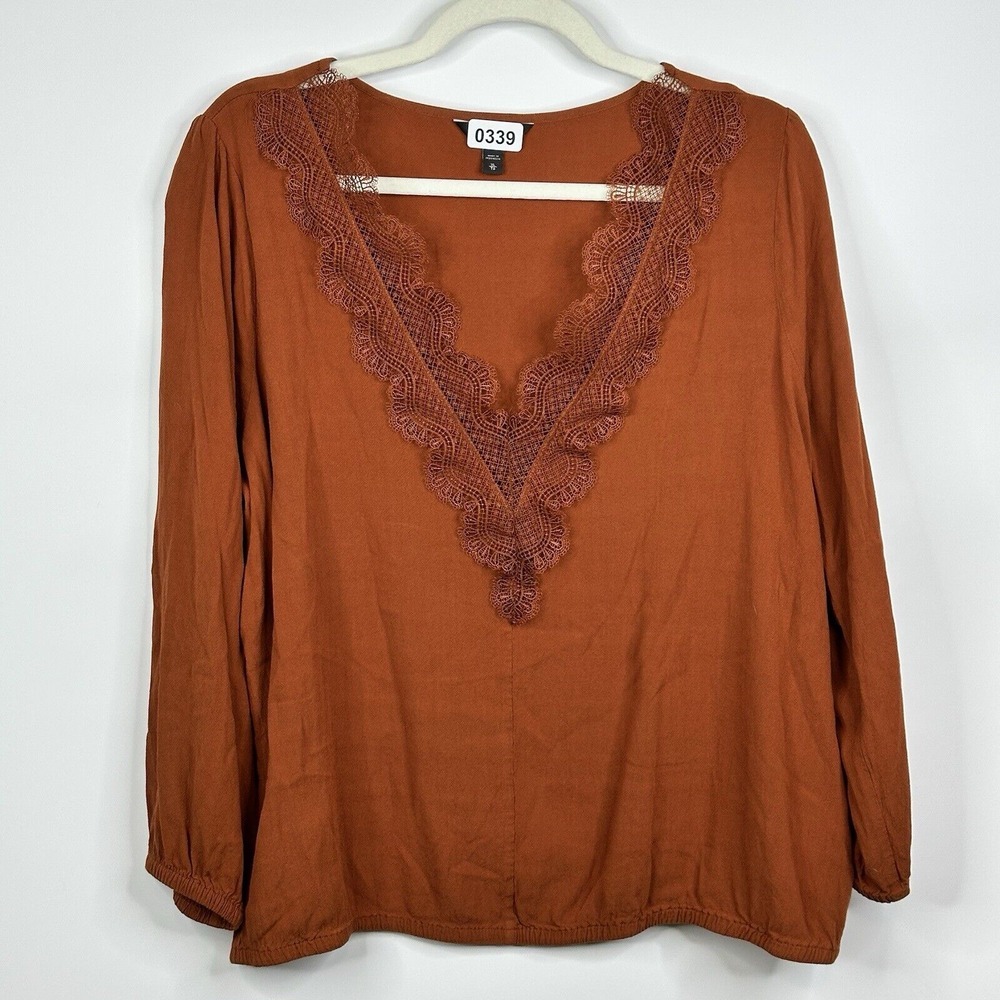 Express Women Long Sleeve V-Neck Lace Blouse Burnt Orange Size XL